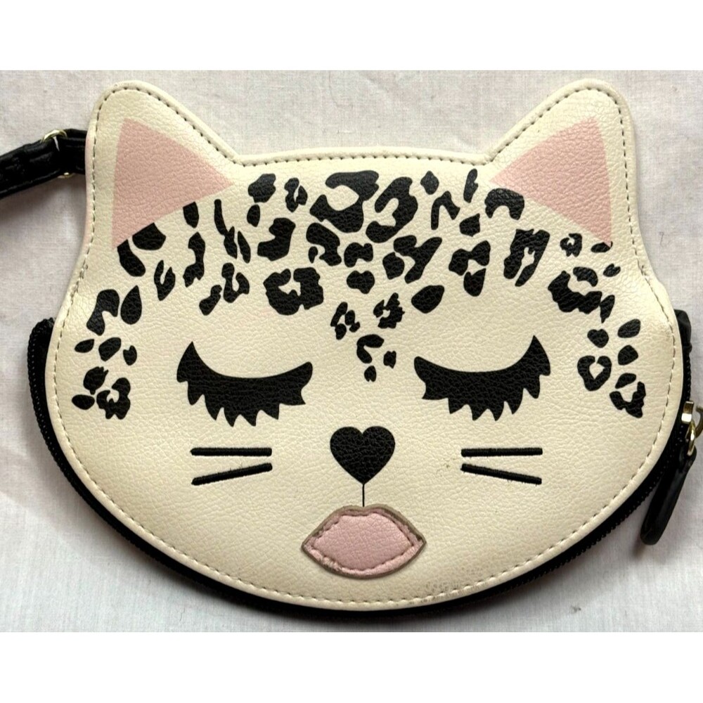 Luv Betsey Johnson Cat Face Bag White Leopard Sleeping Kitty Wristlet Kawaii